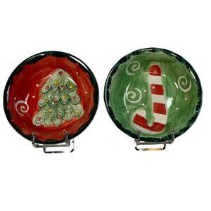 Studio 33 Christmas Set Of 2 Snack Soup Bowls Painted Tree Candy Cane 9" x 3"